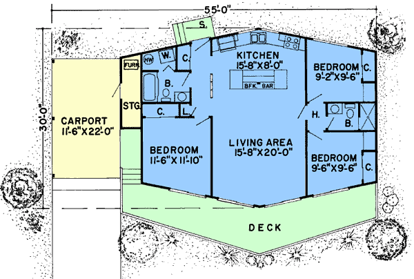 First Floor Plan of Contemporary   Retro   Vacation   House Plan 1074