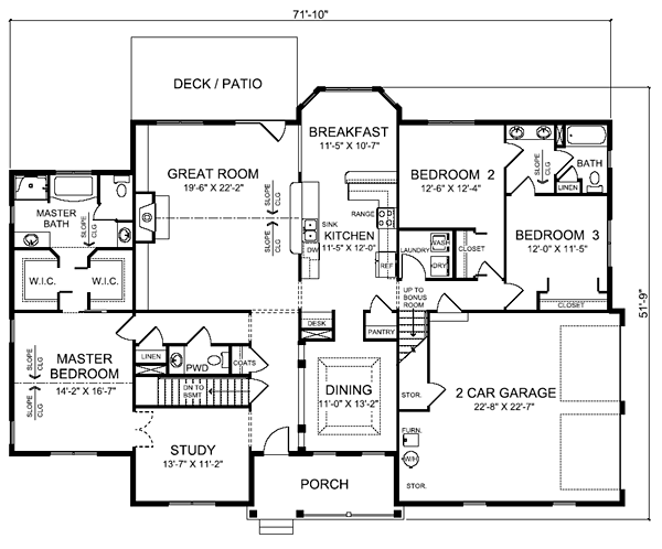 First Floor Plan of Country   Ranch   Southern   Traditional   House Plan 24750