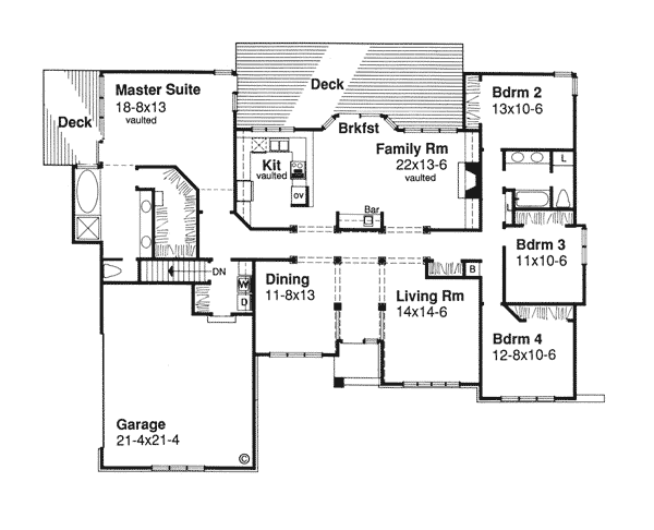 First Floor Plan of Ranch   Traditional   House Plan 51021