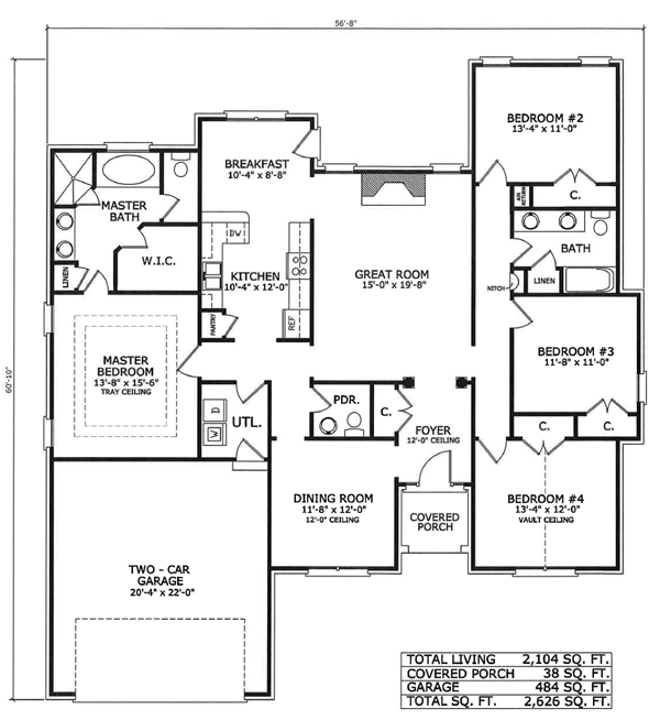 First Floor Plan of Ranch   House Plan 54434