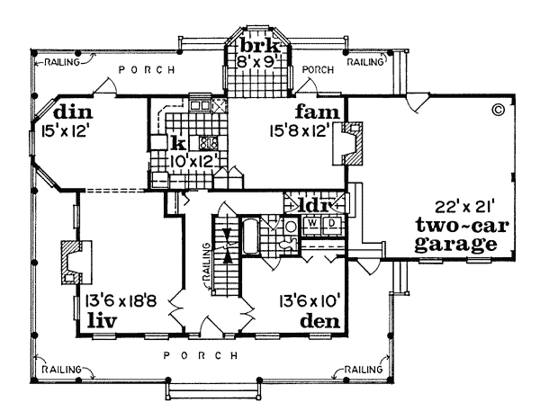 First Floor Plan of Bungalow   Country   Southern   House Plan 55005