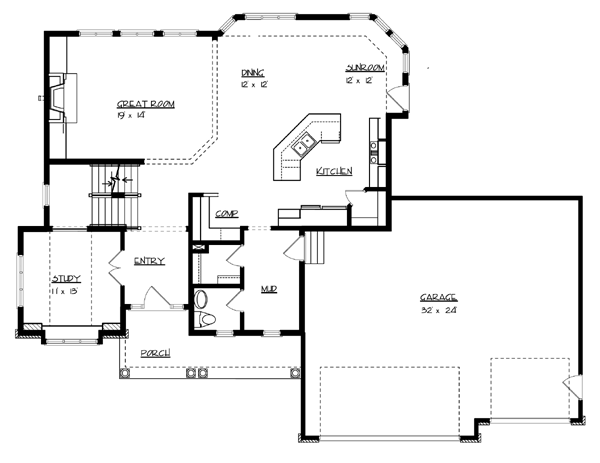 First Floor Plan of Country   Craftsman   House Plan 57559