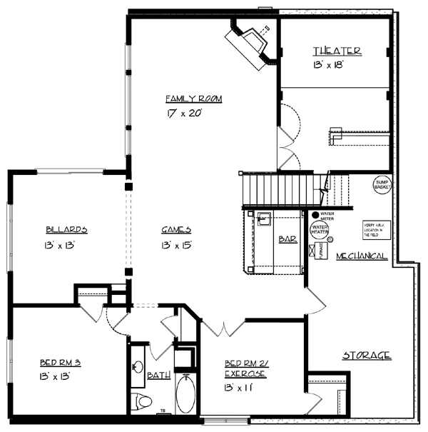Lower Floor Plan of Cottage   Country   European   Luxury   Traditional   House Plan 57562