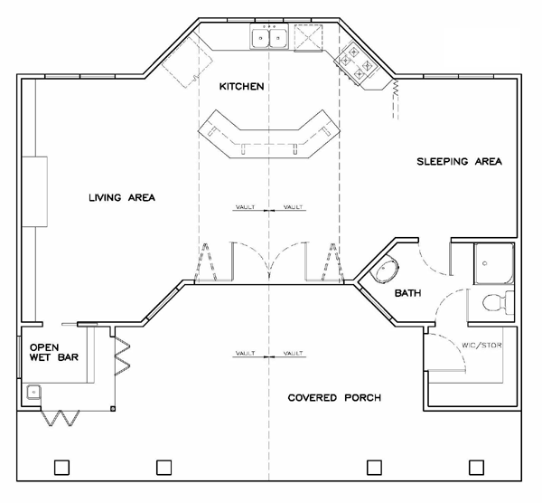 First Floor Plan of Coastal   Cottage   Southern   Vacation   House Plan 57845