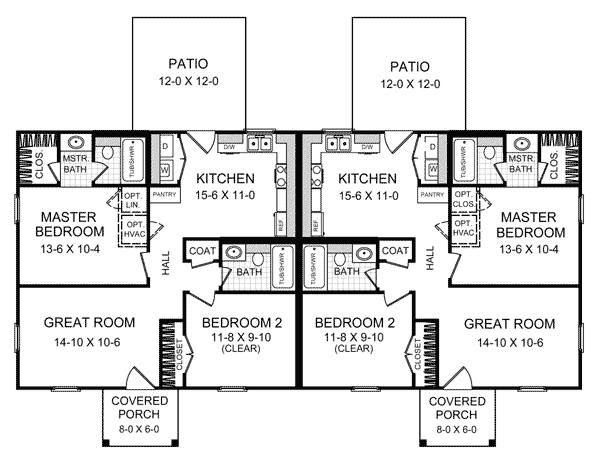 First Floor Plan of Country   Ranch   Southern   Multi-Family Plan 59041