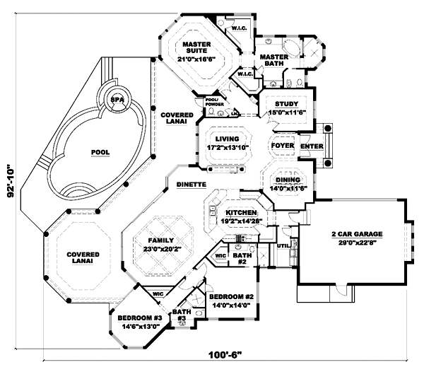 First Floor Plan of Florida   Luxury   Mediterranean   House Plan 60410