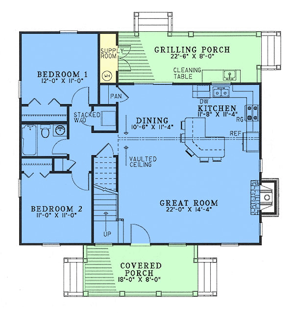 First Floor Plan of Cabin   Country   Hillside   Southern   Vacation   House Plan 62115