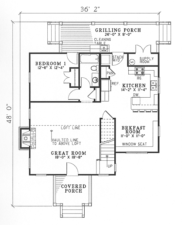 First Floor Plan of Bungalow   Cabin   Country   Southern   Vacation   House Plan 62119
