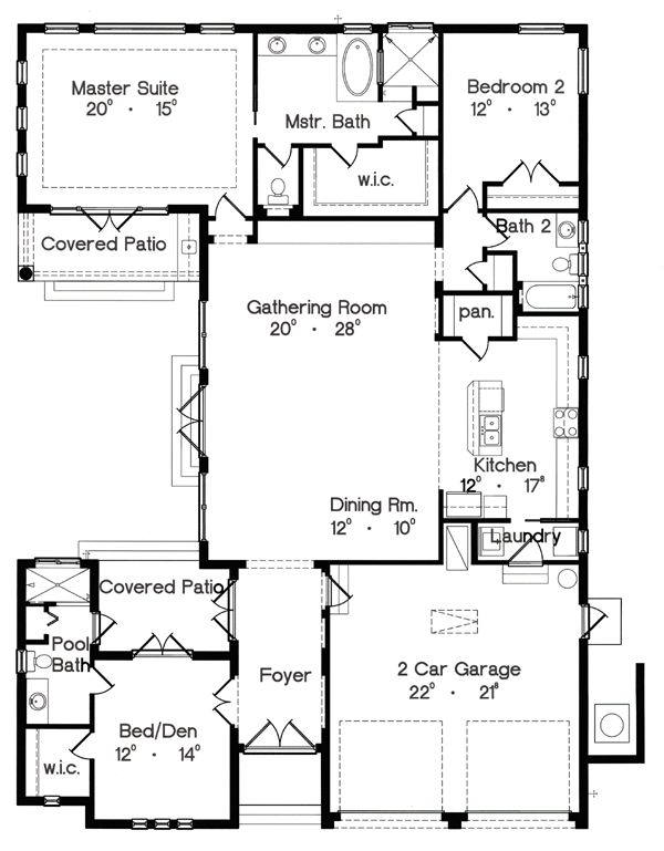 First Floor Plan of Florida   Mediterranean   House Plan 64611
