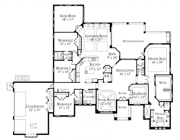 First Floor Plan of Florida   Mediterranean   House Plan 64675