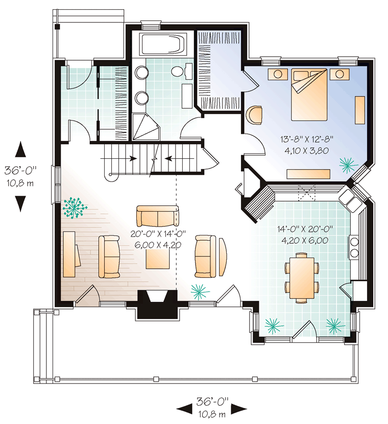 First Floor Plan of Bungalow   Country   Craftsman   Hillside   Vacation   House Plan 65246