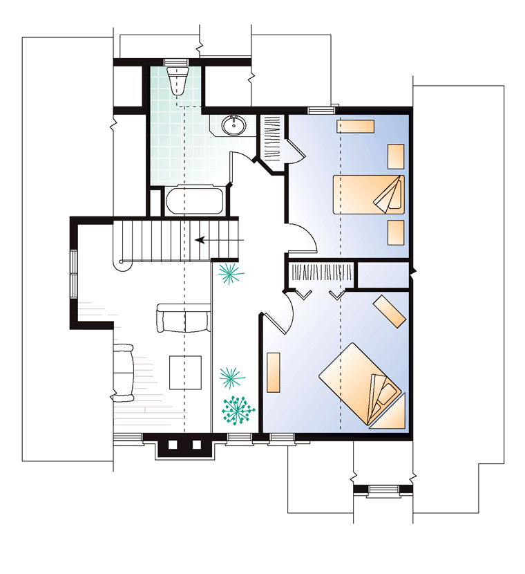 Second Floor Plan of Bungalow   Country   Craftsman   Hillside   Vacation   House Plan 65246