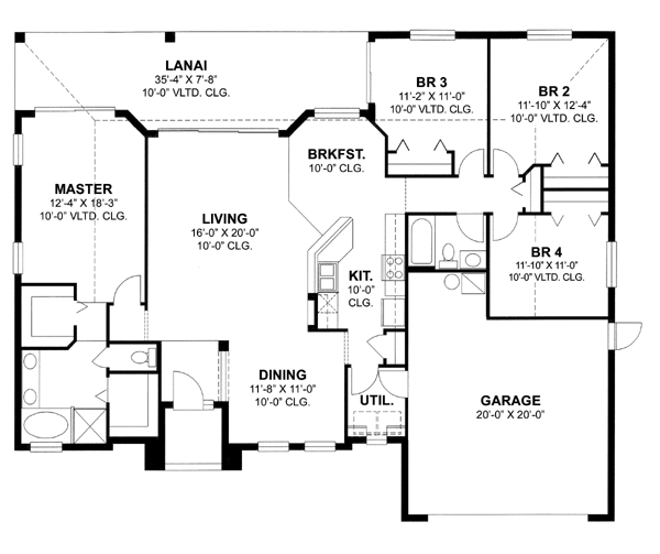 First Floor Plan of Florida   Ranch   Traditional   House Plan 66831
