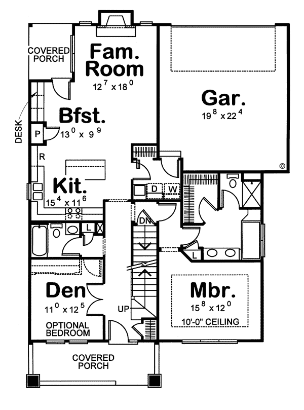 First Floor Plan of Bungalow   Narrow Lot   House Plan 68191