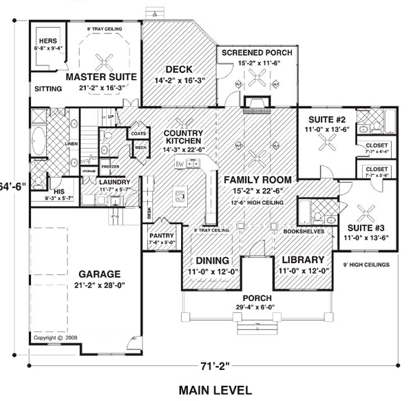 First Floor Plan of Country   Ranch   House Plan 74834