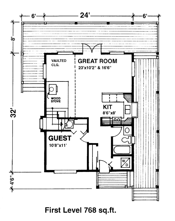 First Floor Plan of Contemporary   Hillside   Narrow Lot   Vacation   House Plan 76002