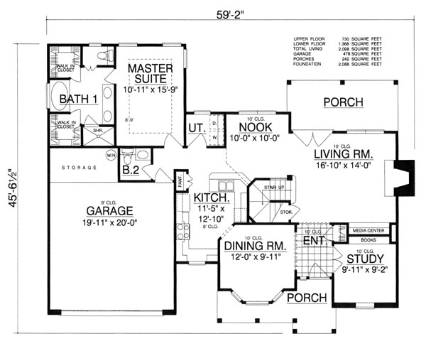 First Floor Plan of Country   Traditional   House Plan 77199