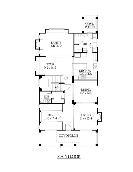 First Floor Plan of Craftsman   Narrow Lot   House Plan 87447