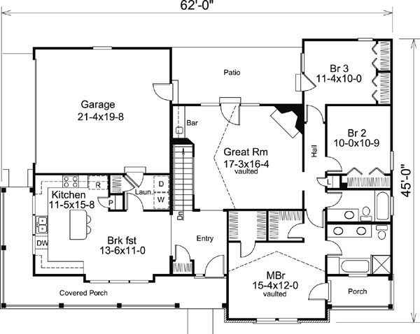 First Floor Plan of Bungalow   Country   Craftsman   Ranch   House Plan 87811