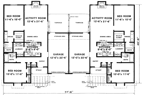 First Floor Plan of Ranch Multi-Family Plan 89123
