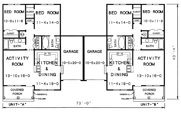 One Level Duplex House Plans with Garage