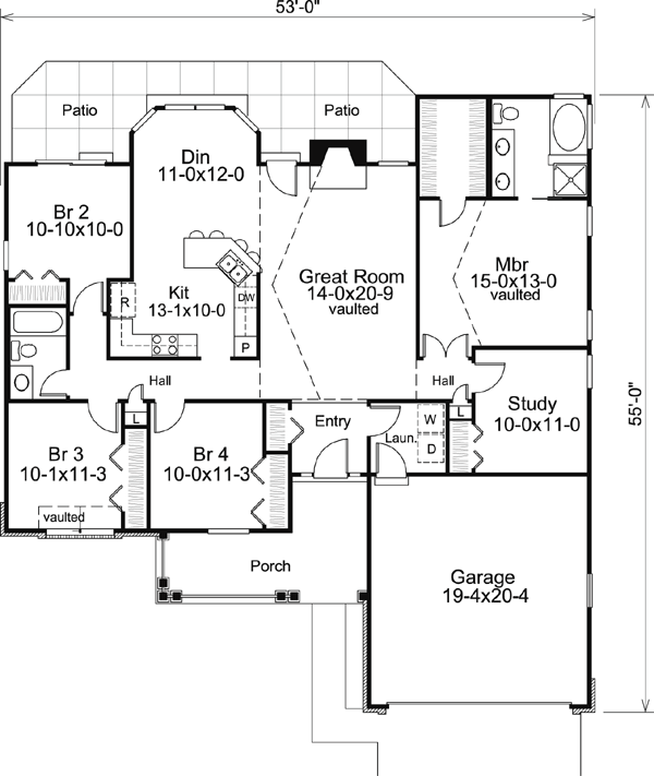 First Floor Plan of Craftsman   Ranch   Traditional   House Plan 95802