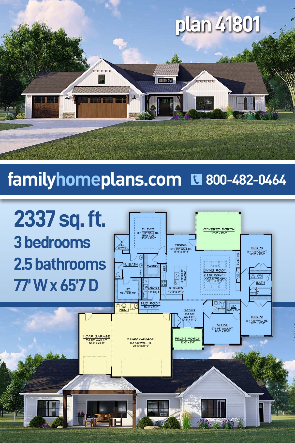 Plan 41801 | Traditional Style with 3 Bed, 3 Bath, 3 Car Garage