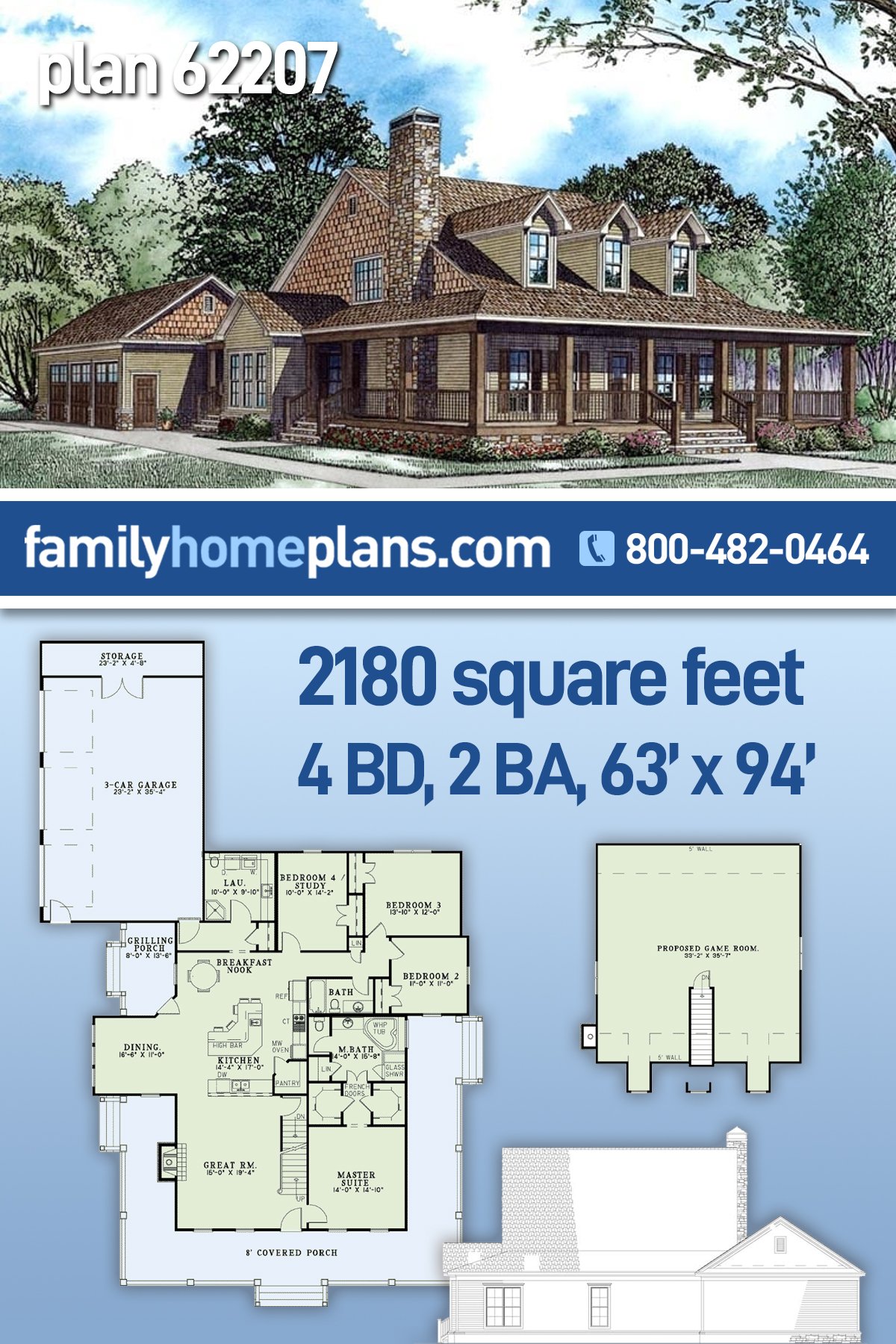 Plan 62207 | Country Style House Plan with Wrap Around Porch