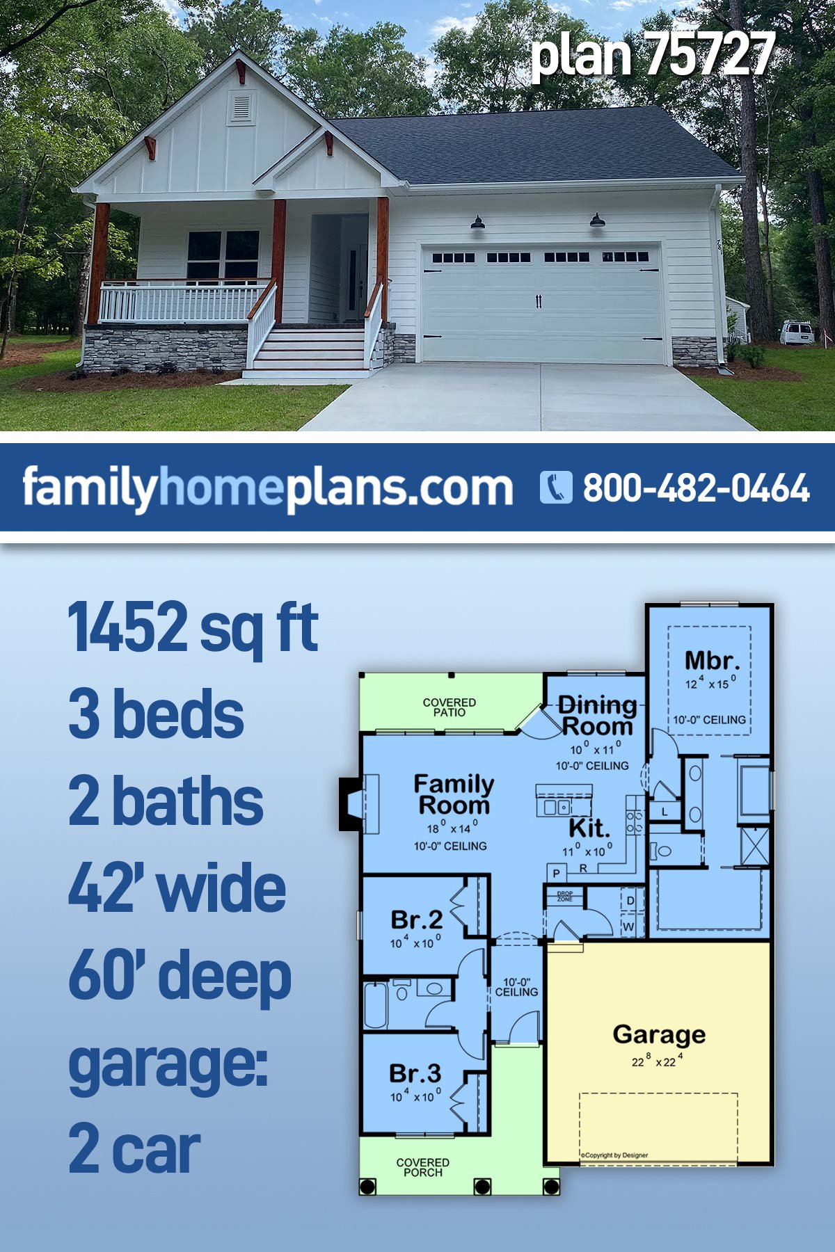 Plan 75727 | Craftsman Style with 3 Bed, 2 Bath, 2 Car Garage