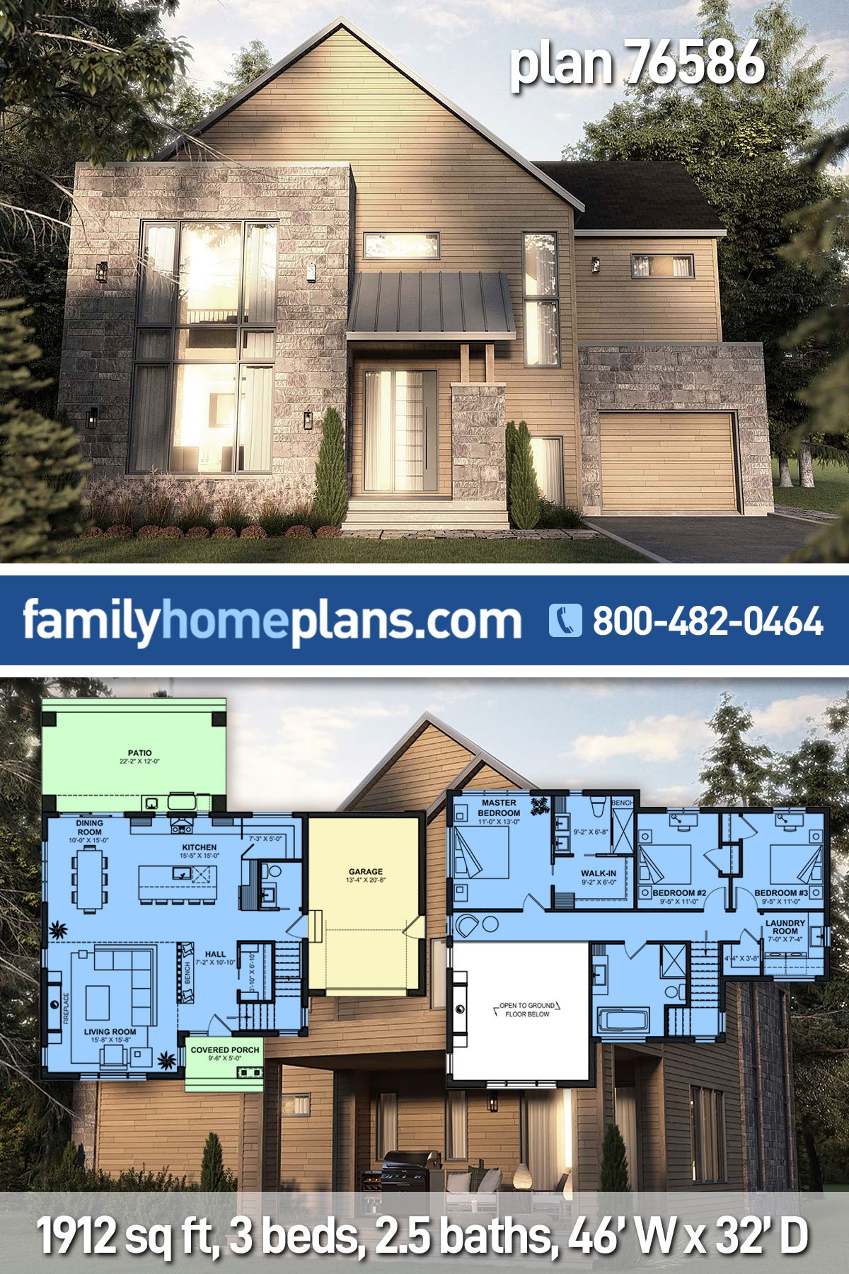 Plan 76586 | Modern Style with 3 Bed, 3 Bath, 1 Car Garage