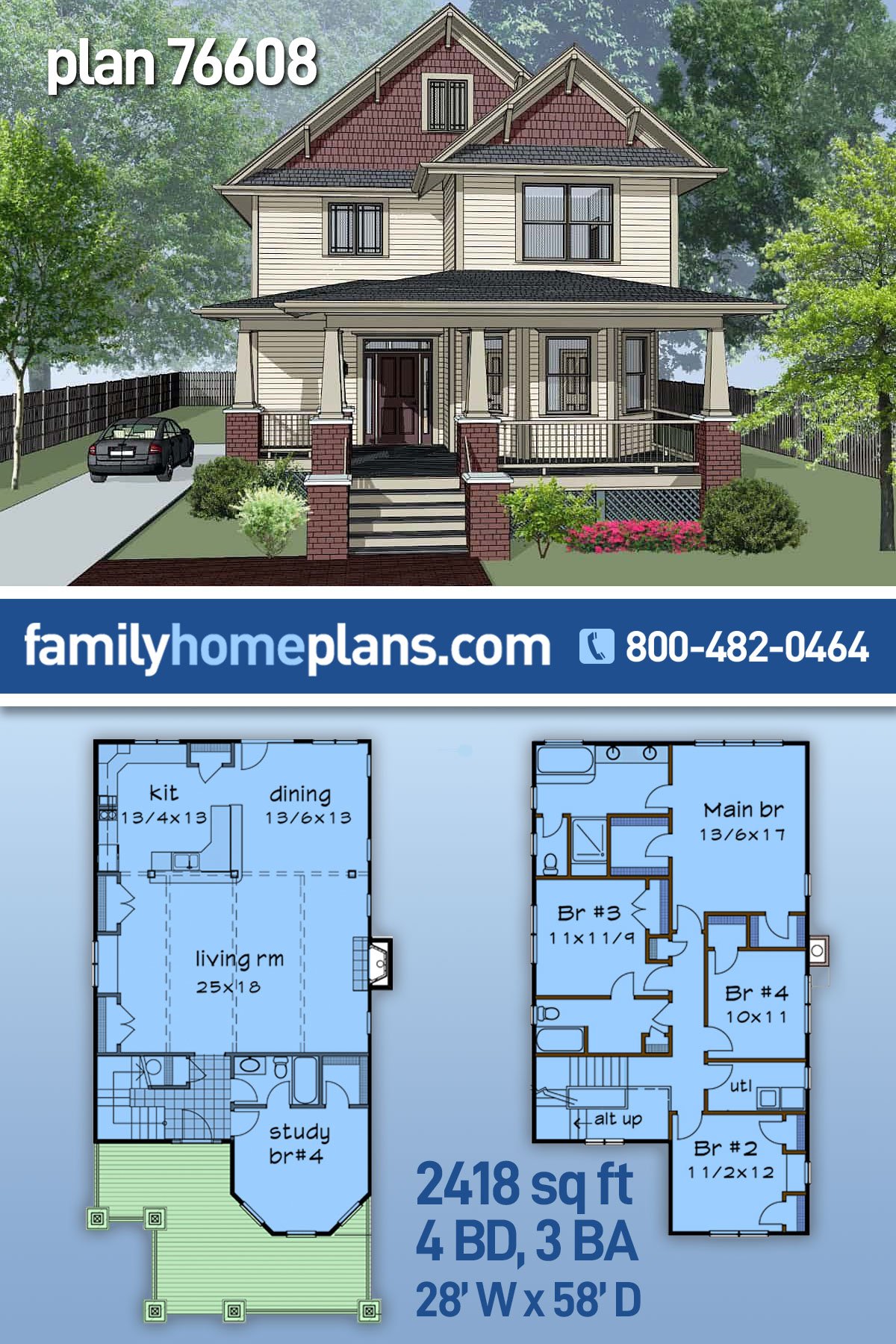 Plan 76608 | 4 Bedroom Craftsman House Plan