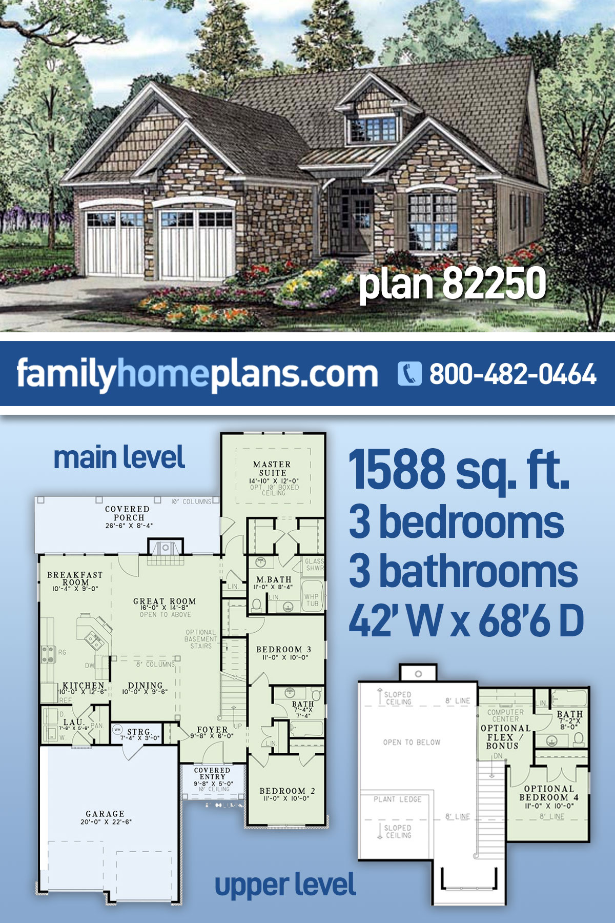 Plan 82250 | Narrow Lot Style with 3 Bed, 3 Bath, 2 Car Garage