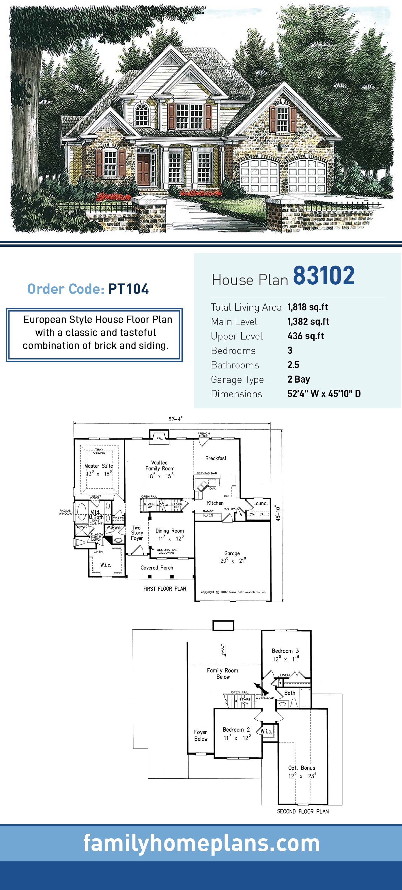 Plan 83102 | Traditional Style with 3 Bed, 3 Bath, 2 Car Garage