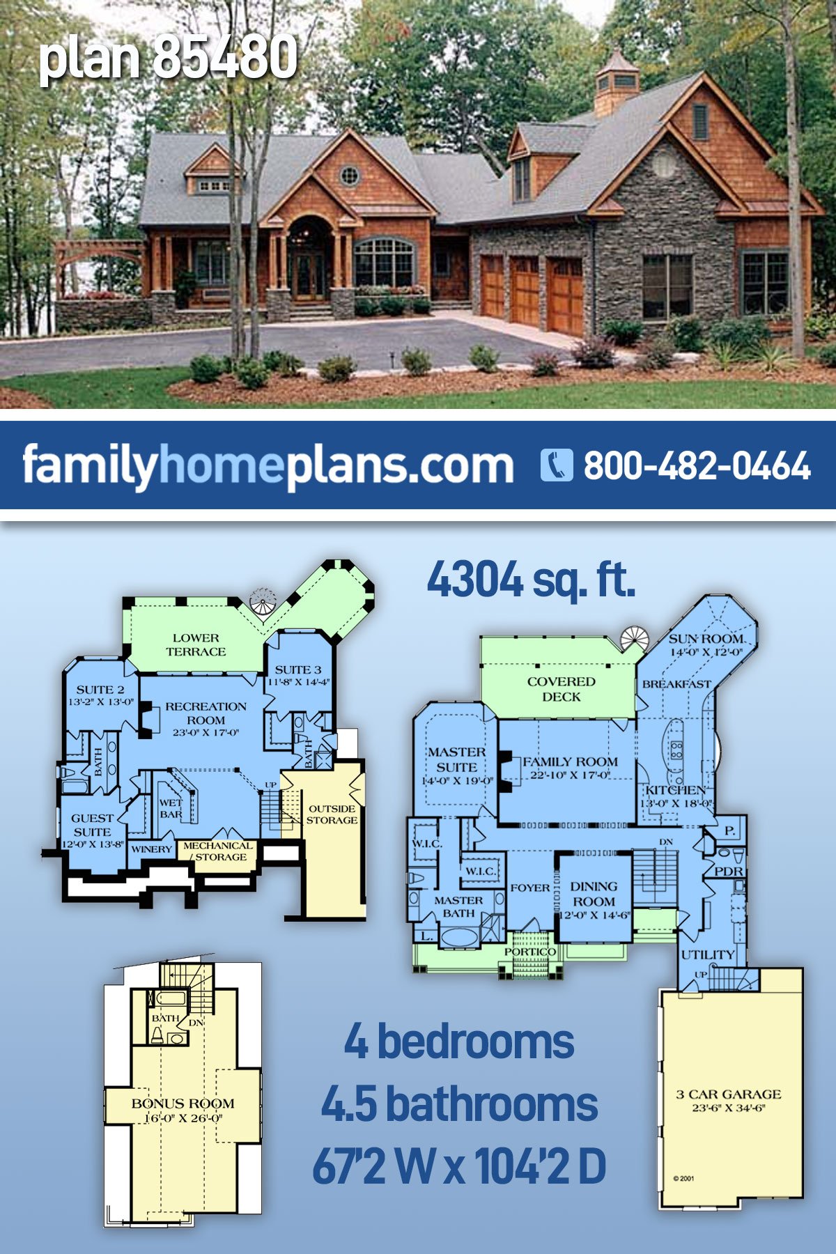 Plan 85480 | 4 Bedroom Craftsman Style Hillside House Plan with 4