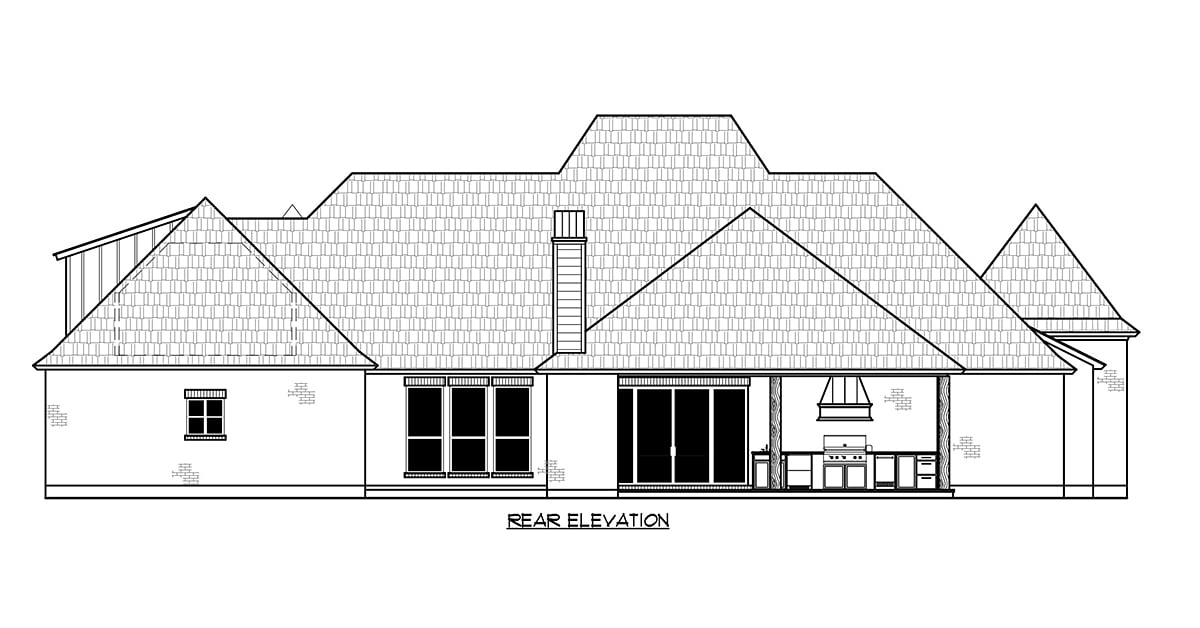 Acadian, Southern Plan with 3059 Sq. Ft., 4 Bedrooms, 5 Bathrooms, 3 Car Garage Rear Elevation