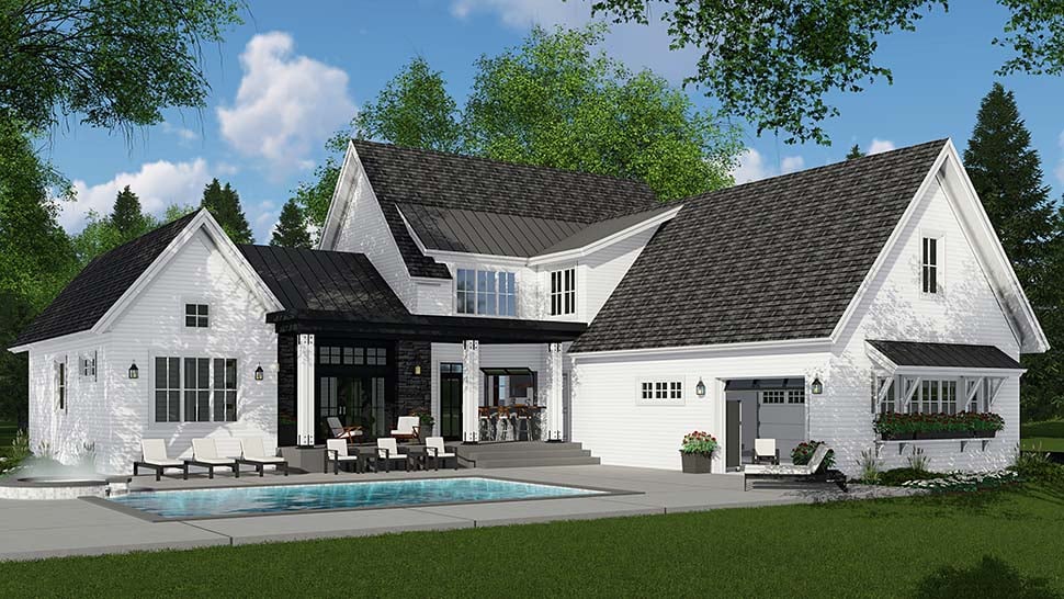 Country, Farmhouse Plan with 3011 Sq. Ft., 4 Bedrooms, 4 Bathrooms, 3 Car Garage Rear Elevation