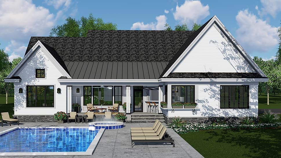 Country, Craftsman, Farmhouse, Southern Plan with 2148 Sq. Ft., 3 Bedrooms, 3 Bathrooms, 2 Car Garage Rear Elevation