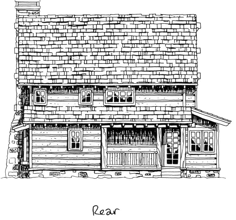 Cabin, Craftsman, Log Plan with 1362 Sq. Ft., 2 Bedrooms, 2 Bathrooms Rear Elevation