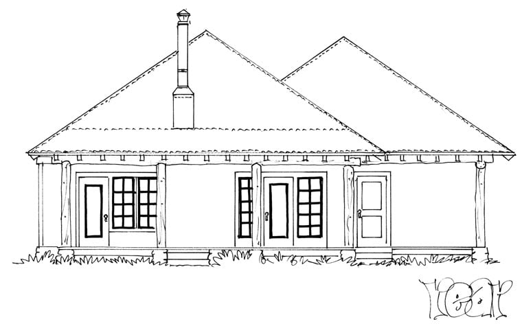 Country, Ranch Plan with 727 Sq. Ft., 1 Bedrooms, 1 Bathrooms, 2 Car Garage Rear Elevation