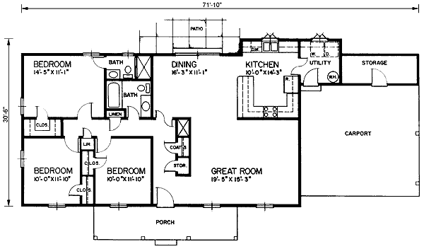 Plan 45217 | Ranch Style with 3 Bed, 2 Bath, 2 Car Garage