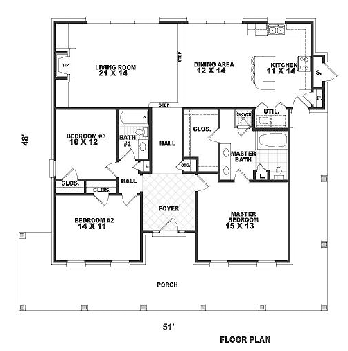 Plan 46604 | One-Story Style with 3 Bed, 2 Bath