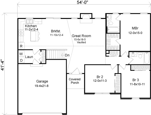 Plan 49109 | One-Story Style with 3 Bed, 2 Bath, 2 Car Garage