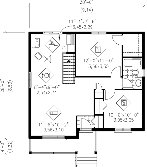 Plan 49504 | Craftsman Style with 2 Bed, 1 Bath
