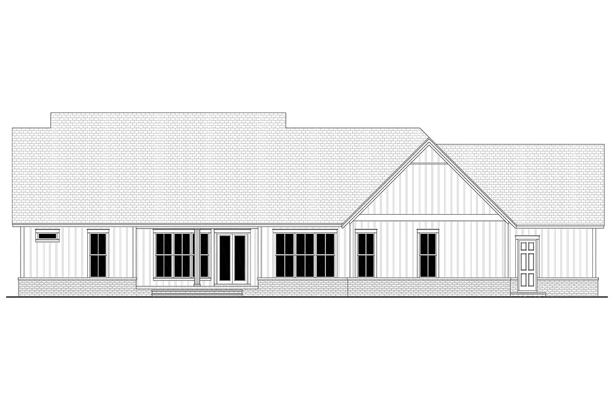 Country, Farmhouse, Southern Plan with 2763 Sq. Ft., 4 Bedrooms, 4 Bathrooms, 3 Car Garage Rear Elevation