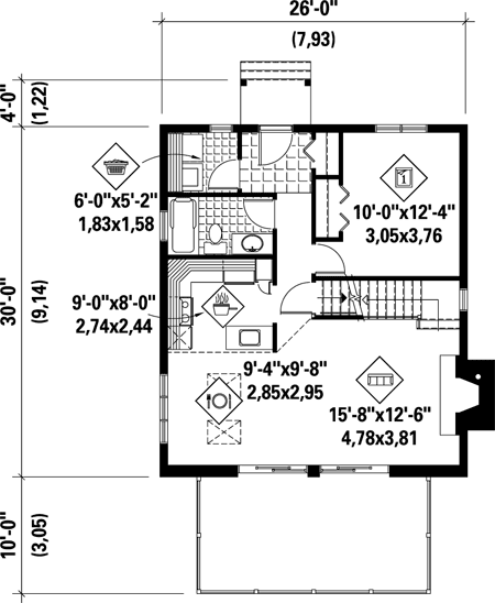 Plan 52819 | with 3 Bed, 1 Bath