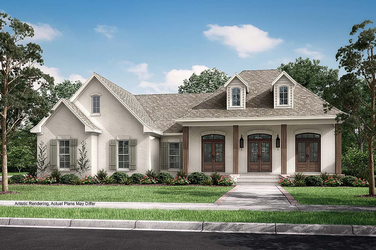 Acadian, Colonial, French Country, Southern Plan with 1500 Sq. Ft., 3 Bedrooms, 2 Bathrooms, 2 Car Garage Elevation