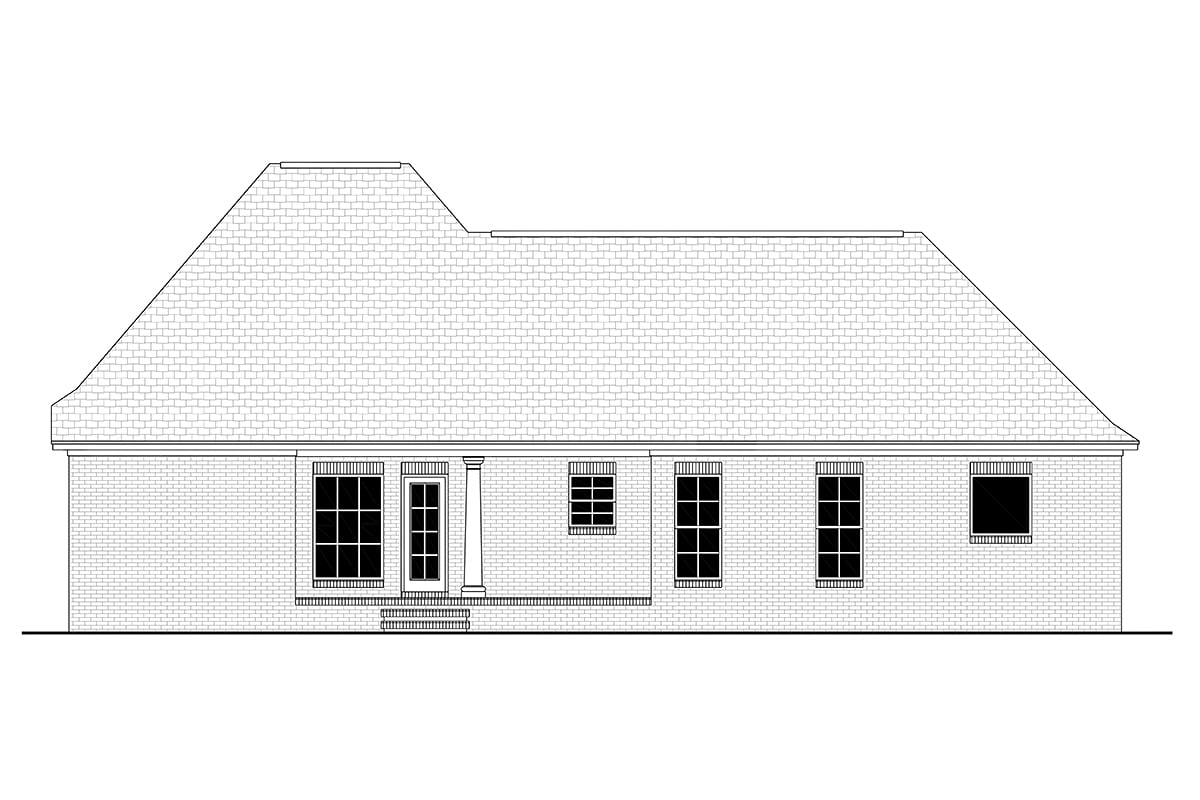 Acadian, Colonial, French Country, Southern Plan with 1500 Sq. Ft., 3 Bedrooms, 2 Bathrooms, 2 Car Garage Rear Elevation