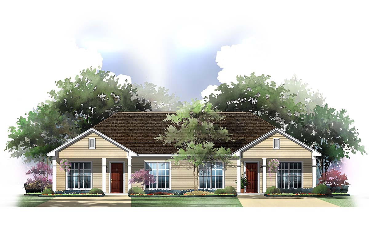 Plan 56995 | 2 Bedroom 2 Bathroom Ranch Style Duplex Home Plan