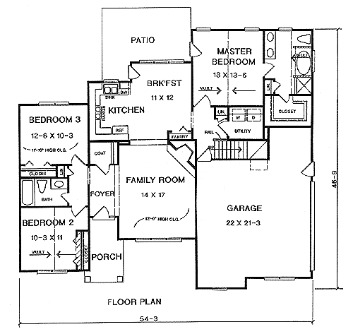 Plan 58115 | Traditional Style with 3 Bed, 2 Bath, 2 Car Garage