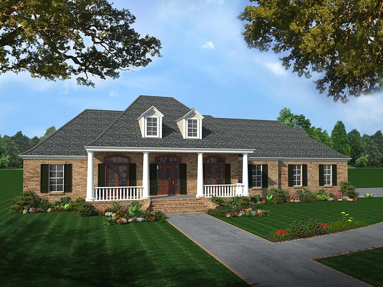 Acadian, Colonial, Country, European, Southern Plan with 2501 Sq. Ft., 4 Bedrooms, 3 Bathrooms, 2 Car Garage Elevation